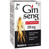 Ginseng Strong; pakkaus Ginseng Strong 200 mg -tabletteja, etuosassa ginsengjuurikuva ja monikielinen teksti korostaen tehokkuutta ja hyötyjä; pakkaus suorakaiteen muotoinen kiiltäväpinnalla, päävärit valkoinen ja punainen; lihavoitu groteskityypografia esittää tuotenimen ja annostuksen; pakkaus pahvia; ei ihmisiä tai käsiä; neutraali studiotausta.