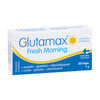 Glutamax Fresh Morning, pakkaus ravintolisälle sinisin ja keltaisin sävyin, aurinkokuvitus ja merkintä 20 kapselille; keskeiset ainesosat sisältävät L-kysteiiniä, glutationia ja tärkeitä vitamiineja päivittäiseen hyvinvointiin; suorakulmainen pahvipakkaus mattapinnalla; lihavoitu groteskityppografia valkoisena ja tummansinisenä; etupaneelissa suuri pyöreä aurinkokuva; tausta yksinkertainen, tuote kokonaisuudessaan näkyvissä.