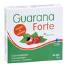 Guarana Forte; laatikko tabletteja, kuvissa guaranahedelmiä, suomenkielistä tekstiä ja merkintöjä vegaanisuudesta sekä Suomessa valmistamisesta; vihreä-valko-oranssi pahvipakkaus mattapinnalla; lihavoitu groteskikirjasin tuotenimessä; sisältää 40 tablettia (25 g); valkoinen tausta, ei ihmisiä tai käsiä, pakkaus pystyasennossa suoraan kuvattuna.