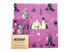 Three purple beeswax food wraps feature Moomin characters in whimsical scenes; the largest wrap shows three Moomins sitting together under stars, with two smaller wraps and packaging labeled MOOMIN by Gustaf & Linnea in the corner. Matte finish on all wraps, square shapes, printed surface. Packaging is paper with clear text and illustration accents. Product rests on a flat neutral background. These eco-friendly wraps add a charming touch to any kitchen.