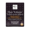 Hair Volume Vaihdevuosien jälkeen; laatikko ravintolisää, teksti suomeksi ja ruotsiksi, lupaa paksumpia ja kauniimpia hiuksia vaihdevuosien jälkeen; suorakulmainen laatikko on musta kultaisin ja valkoisin tekstein; mukana tyylitelty pisarakuvake ja omenan ääriviiva; päätypografia on lihavoitua groteskia; pakkaus on mattapintainen; tausta valkoinen, ei ihmisiä tai käsiä näkyvissä.