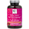 Hair, Skin & Nail Strong Gummies; pullo New Nordic Hair, Skin & Nail Strong Gummies -purutabletteja punaisella etiketillä, esillä valkoisella taustalla; pullo lieriömäinen, kirkasta tai läpikuultavaa materiaalia kierrekannella; kiiltävässä etiketissä mansikka- ja vadelmakuvia, lihavoitua valkoista groteskitekstiä brändinimelle ja tuotekuvaukselle; ei ihmisiä tai käsiä kuvassa; maku mansikka-vadelma.
