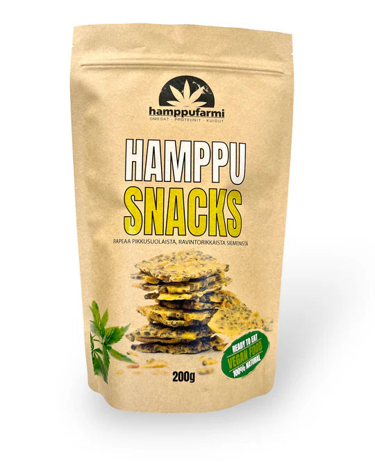 Hamppufarmi HamppuSnacks; ruskea Hamppufarmi Hamppu Snacks -pakkaus, jossa kuvia näkkileivistä, vihreitä minttulehtiä sekä merkinnät 200 g, vegaaninen, hampunsiemenpohjainen, 100-prosenttisen luonnollinen ja valmiiksi syötävä; mattapintainen pakkaus suorakulmaisin kulmin; groteskifonttia, pääteksti valkoisena tummempaa taustaa vasten; ei ihmisiä tai käsiä; neutraali tausta.