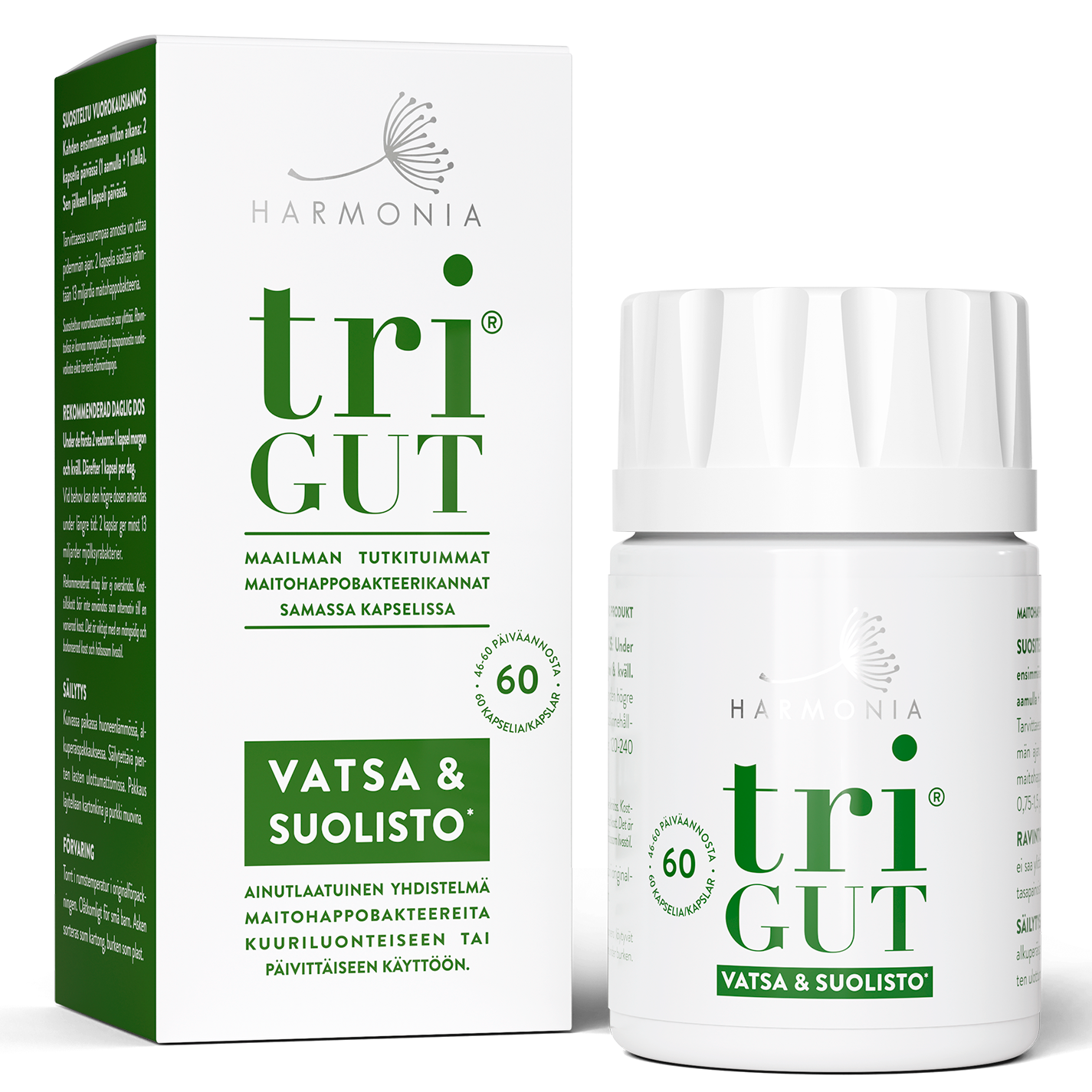 Harmonia triGUT; valkoinen muovipullo ja sitä vastaava valkoinen pahvipakkaus, molemmissa sileä mattapinta; etiketissä vihreää groteskitekstiä "triGUT Vatsa & Suolisto by Harmonia" selkeästi näkyvissä sekä pienempää numeerista ja kuvailevaa tietoa; ei ihmisiä tai käsiä, vaalea ja hyvin valaistu tausta, tuote kuvan keskellä; sisältää 60 kapselia probioottivalmistetta.