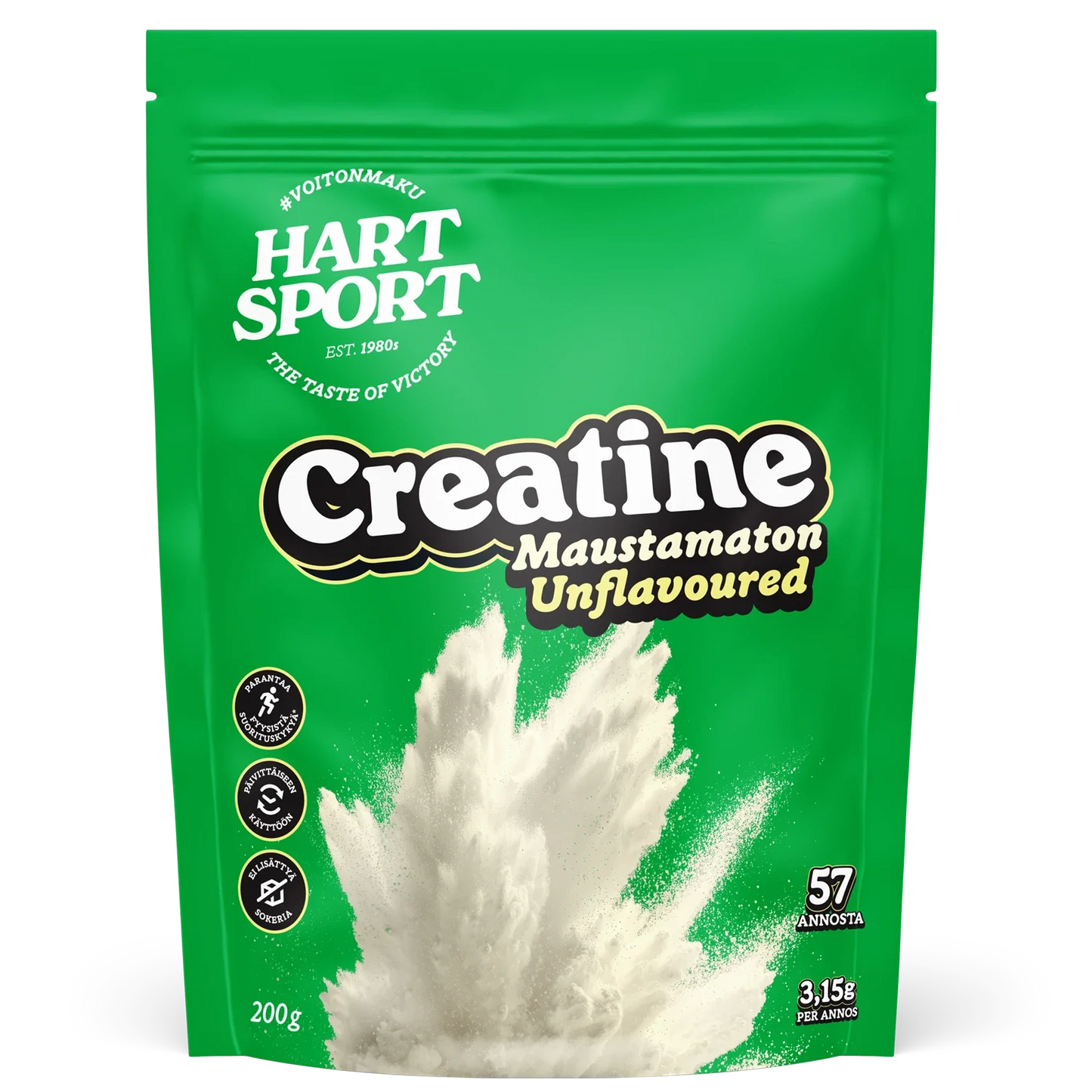 Hart-Sport Creatine Maustamaton; vihreä Hart Sport Creatine Unflavoured -jauhepussi dynaamisin valkoisin jauheroiskekuvioin, tekstissä 57 annosta ja 3,15 g annosta kohti; kuvakkeet korostavat kreatiinin roolia lihastuessa ja urheilusuorituksen parantamisessa; pakkaus matta, suorakulmainen ja joustavasta materiaalista, lihavoitu valkoinen ja keltainen groteskiteksti; valkoinen tausta, ei ihmisiä tai käsiä.