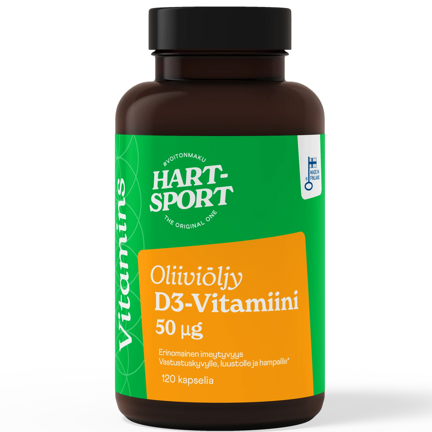 Hart-Sport D3-vitamiini 50 mikrog, ruskea muovipullo tekstillä "Hart-Sport Oliiviöljy D3-Vitamiini 50 µg", sisältää 120 kapselia; etiketti vihreä-oranssi ja mattapintainen, lohkomaista suomenkielistä groteskitekstiä, pieni Suomen lipun kuvake sekä luettelomerkit oliiviöljyn hyödyistä; ei ihmisiä eikä käsiä näkyvissä, tausta valkoinen, kuva keskitetty lähikuvana.