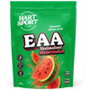 Hart-Sport EAA Watermelon; vihreä Hart Sport EAA -ravintolisäpussi eloisin vesimelooniviipalein ja roiskein, teksti korostaa välttämättömiä aminohappoja, vesimelonin makua, 22 annosta, 250 g ja 9 avainaminohappoa; mattapintainen taipuisa pussi pääosin vihreänä punaisin tehostein; suuri, lihavoitu valkoinen tikkukirjasin etusivulla; tuote pystyssä tasaisella valkoisella taustalla, ei ihmisiä tai käsiä näkyvissä.