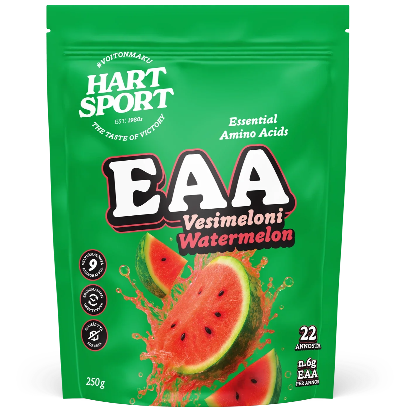 Hart-Sport EAA Watermelon; vihreä Hart Sport EAA -ravintolisäpussi eloisin vesimelooniviipalein ja roiskein, teksti korostaa välttämättömiä aminohappoja, vesimelonin makua, 22 annosta, 250 g ja 9 avainaminohappoa; mattapintainen taipuisa pussi pääosin vihreänä punaisin tehostein; suuri, lihavoitu valkoinen tikkukirjasin etusivulla; tuote pystyssä tasaisella valkoisella taustalla, ei ihmisiä tai käsiä näkyvissä.