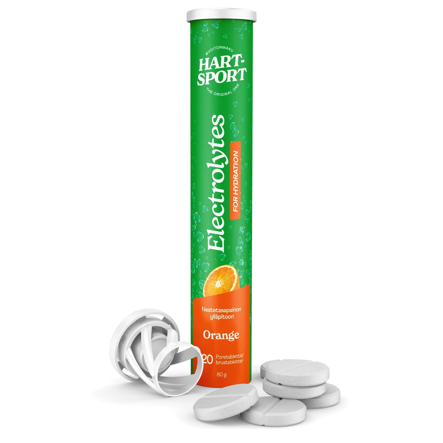 Hart-Sport Electrolytes Poretabletti Appelsiini; korkea sylinterimäinen putkilo valkoisella rungolla ja oranssein yksityiskohdin, seisoo pystyssä korkki irrotettuna; useita pyöreitä kiinteitä valkoisia tabletteja levinneenä avauksen läheisyyteen; putkilon mattapinnalla selkeästi painettua tekstiä "Hart Sport Electrolytes Orange" modernilla groteskikirjoituksella, mukana yksinkertainen oranssi kuvitus pakkauksessa; tausta neutraali, ei ihmisiä näkyvissä.