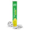 Hart-Sport Electrolytes Poretabletti Sitruuna, vihreä-keltainen putkilo tekstillä "HART SPORT Electrolytes Lemon", pystyssä korkki irrotettuna, näyttäen pyöreitä valkoisia tabletteja osittain pinottuna vieressä; putkilo sylinterimäinen kiiltäväpintainen, groteskikirjoitus etiketissä; sitruunaviipale kuvitettuna etiketissä; tausta valkoinen, ei ihmisiä eikä käsiä näkyvissä.