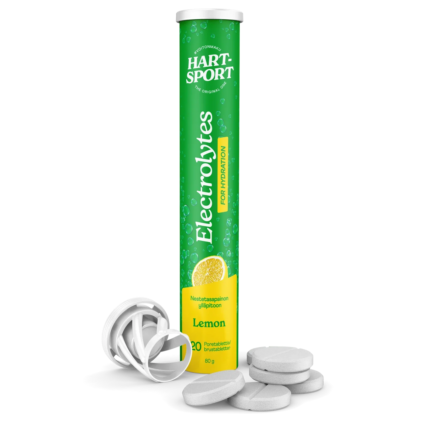 Hart-Sport Electrolytes Poretabletti Sitruuna, vihreä-keltainen putkilo tekstillä "HART SPORT Electrolytes Lemon", pystyssä korkki irrotettuna, näyttäen pyöreitä valkoisia tabletteja osittain pinottuna vieressä; putkilo sylinterimäinen kiiltäväpintainen, groteskikirjoitus etiketissä; sitruunaviipale kuvitettuna etiketissä; tausta valkoinen, ei ihmisiä eikä käsiä näkyvissä.