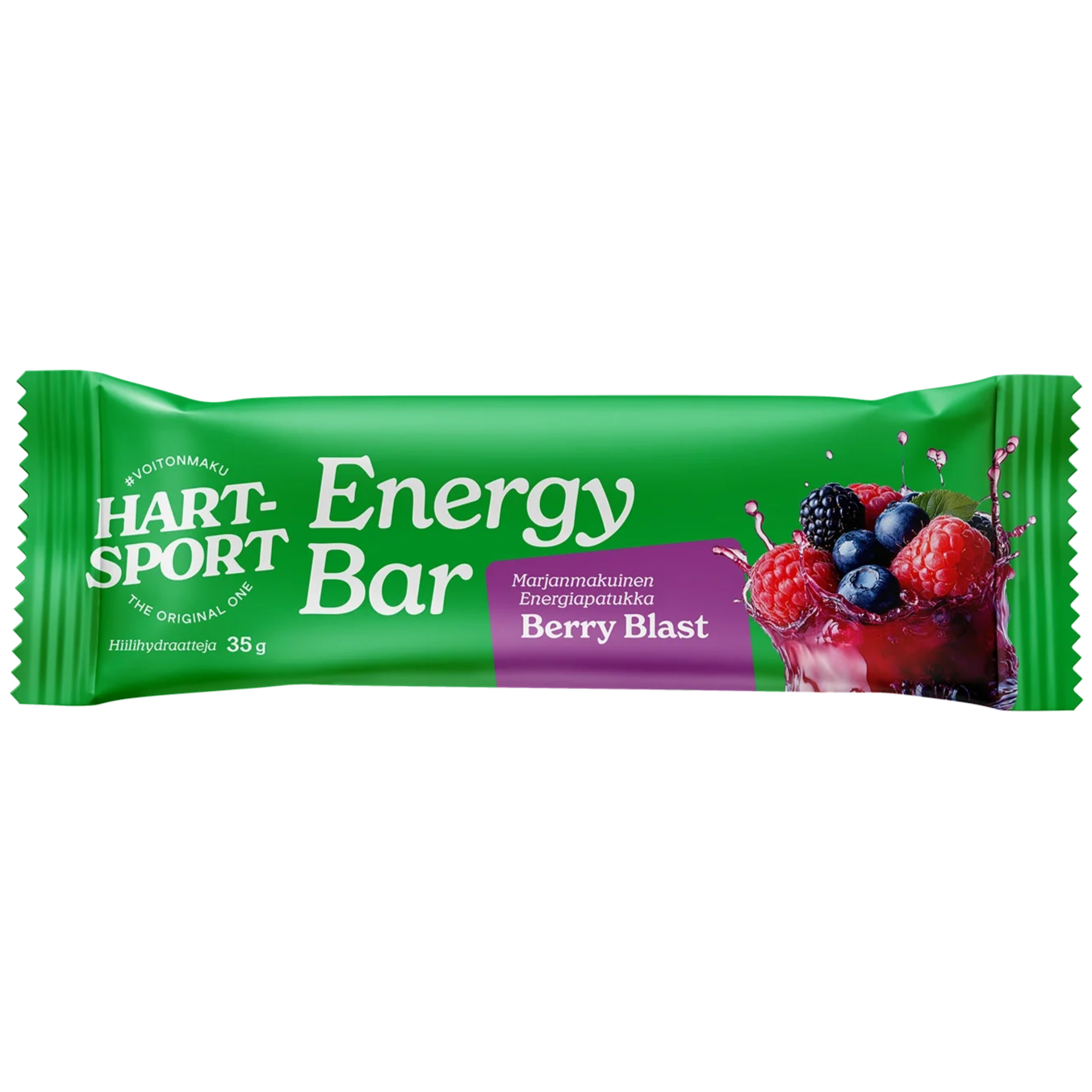 Hart-Sport Energy Bar Berry Blast; suorakaiteen muotoinen kiiltävä vihreä kääre tekstillä ”Hart Sport Energy Bar” ja ”Berry Blast”, kuvituksena vadelmia, mustikoita ja karhunvatukoita mehuroiskein; makukuvaus ja paino (35 g) painettu selkeästi; groteskikirjasin valkoisena ja violettina erottuu vihreää taustaa vasten; ei ihmisiä tai käsiä; tuote kuvattu neutraalilla alustalla.