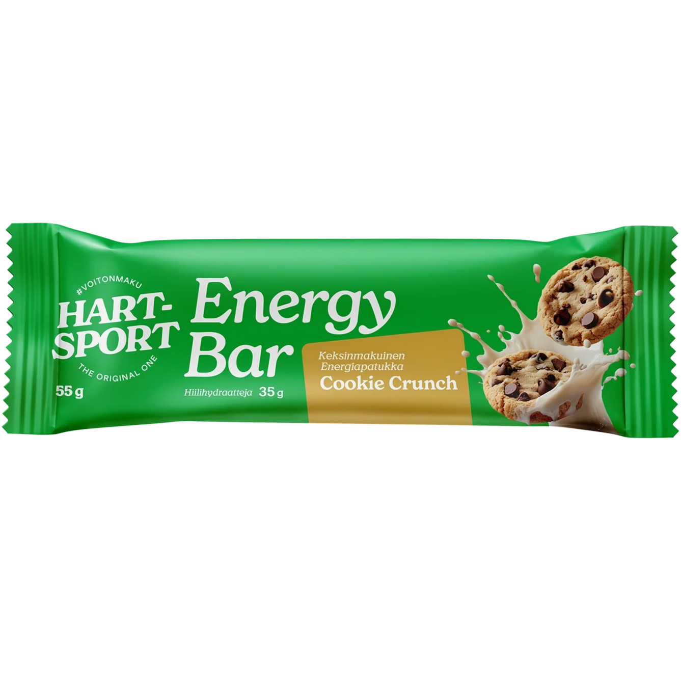Hart-Sport Energy Bar Cookie Crunch; vihreä Hart-Sport Energy Bar -patukan kääre, kuvituksena keksejä ja maitoroiskeita; Cookie Crunch -maku korostettuna, pakkauksessa tekstiä sekä englanniksi että suomeksi; kääre suorakaiteen muotoinen kiiltäväpinnalla, selkeä brändäys ja viivakoodi toisella sivulla; kuva tasaisella taustalla, ei ihmisiä tai käsiä.