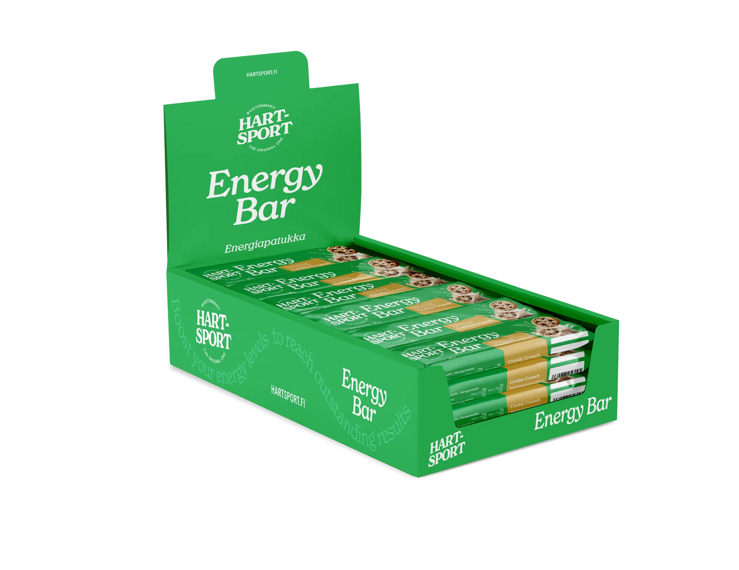 Hart-Sport Energy Bar Cookie Crunch; vihreä suorakaiteen muotoinen pahvirasia, jossa useita erikseen käärittyjä patukoita; sekä rasiassa että kääreissä Hart Sport -brändinimi ja tuoteteksti lihavoidulla valkoisella groteskilla mattapinnalla; patukat runsasproteiinisia ja aseteltu siisteihin pinoihin; ei ihmisiä tai käsiä; tausta tasainen, studiokuva.