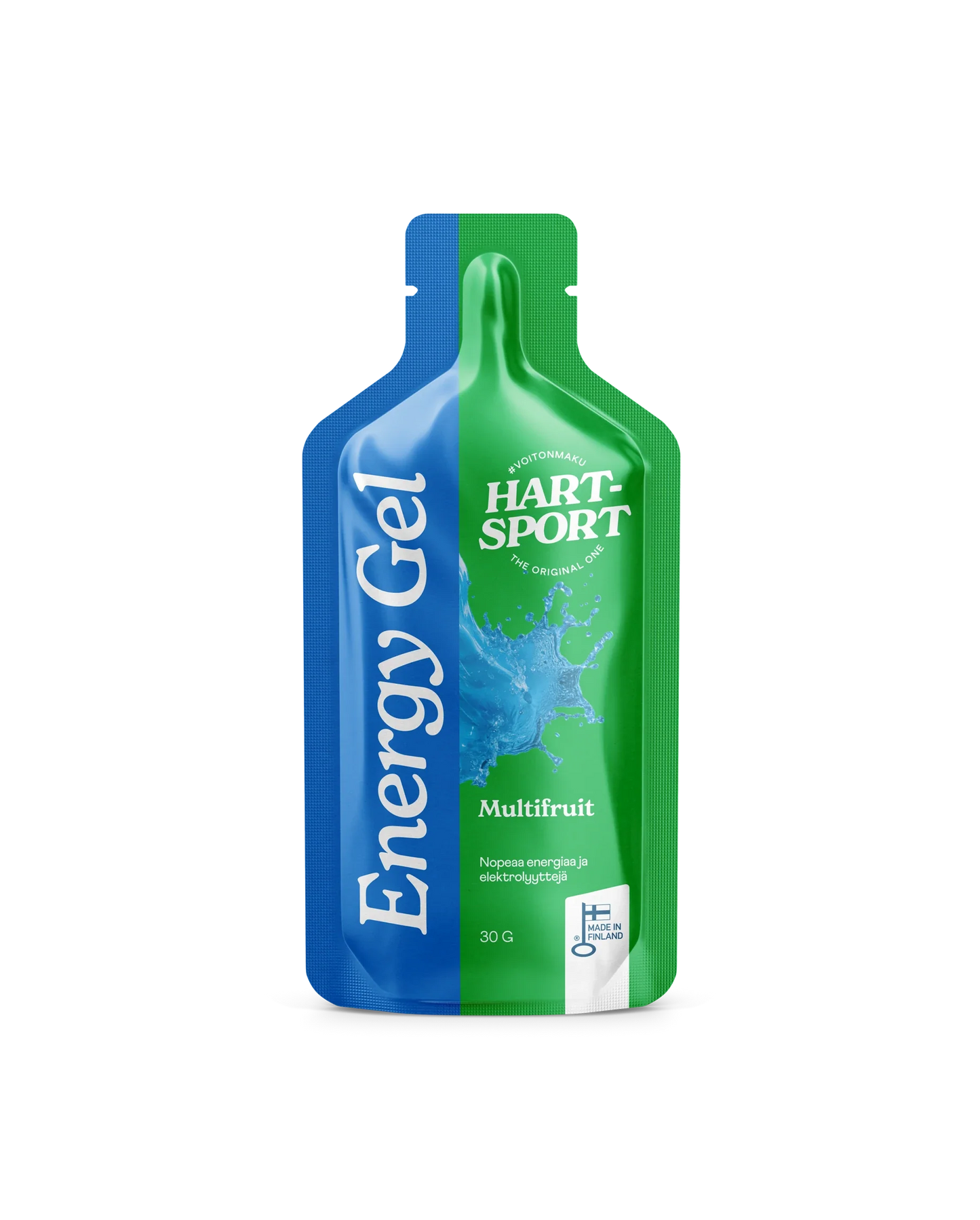 Hart-Sport Energy Gel Multifruit; sininen ja vihreä pussi tekstillä ”Hart-Sport Energy Gel Multifruit”, roiskeaihe ja englannin- sekä suomenkielistä tekstiä, sisältää 30 g energiageeliä; suorakaiteen muotoinen taipuisa muovipussi kiiltäväpinnalla; etiketissä lihavoitua groteskifonttia valkoisella ja keltaisella; tuotenimi keskitetty etusivulle; ei ihmisiä tai käsiä; tausta tasainen valkoinen; lähikuva suoraan edestä.