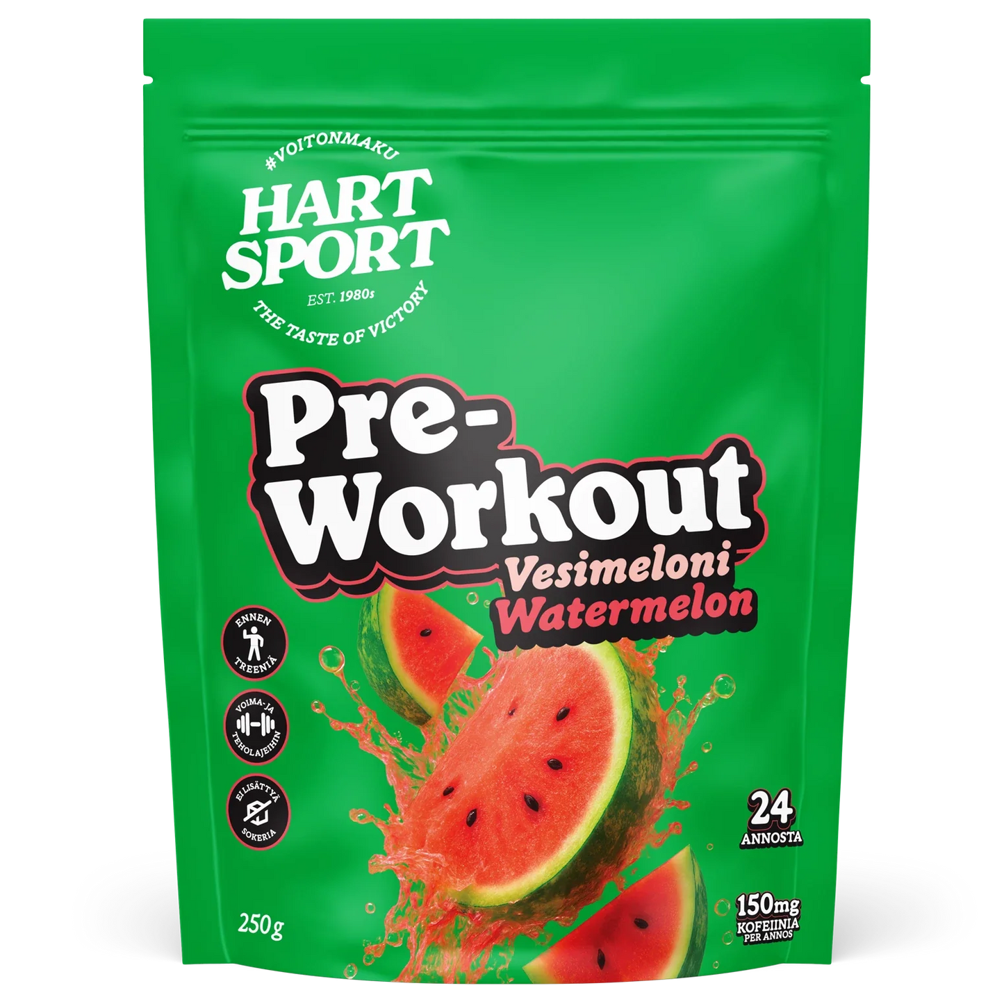 Hart-Sport Pre-Workout Watermelon; vihreä Hart Sport Pre-Workout -jauhepussi vesimelonin makuisena, koristeltu vesimeloniviipalein ja roiskein; pussissa merkinnät 250 g, 24 annosta ja 150 mg kofeiinia annosta kohti energisointiin; pakkaus matta ja pystyssä seisova uudelleensuljettavalla yläreunalla; valkoinen ja punainen groteskiteksti edessä; ei ihmisiä tai käsiä, valkoinen tausta, studiokuva pakkauksesta kokonaisuudessaan.