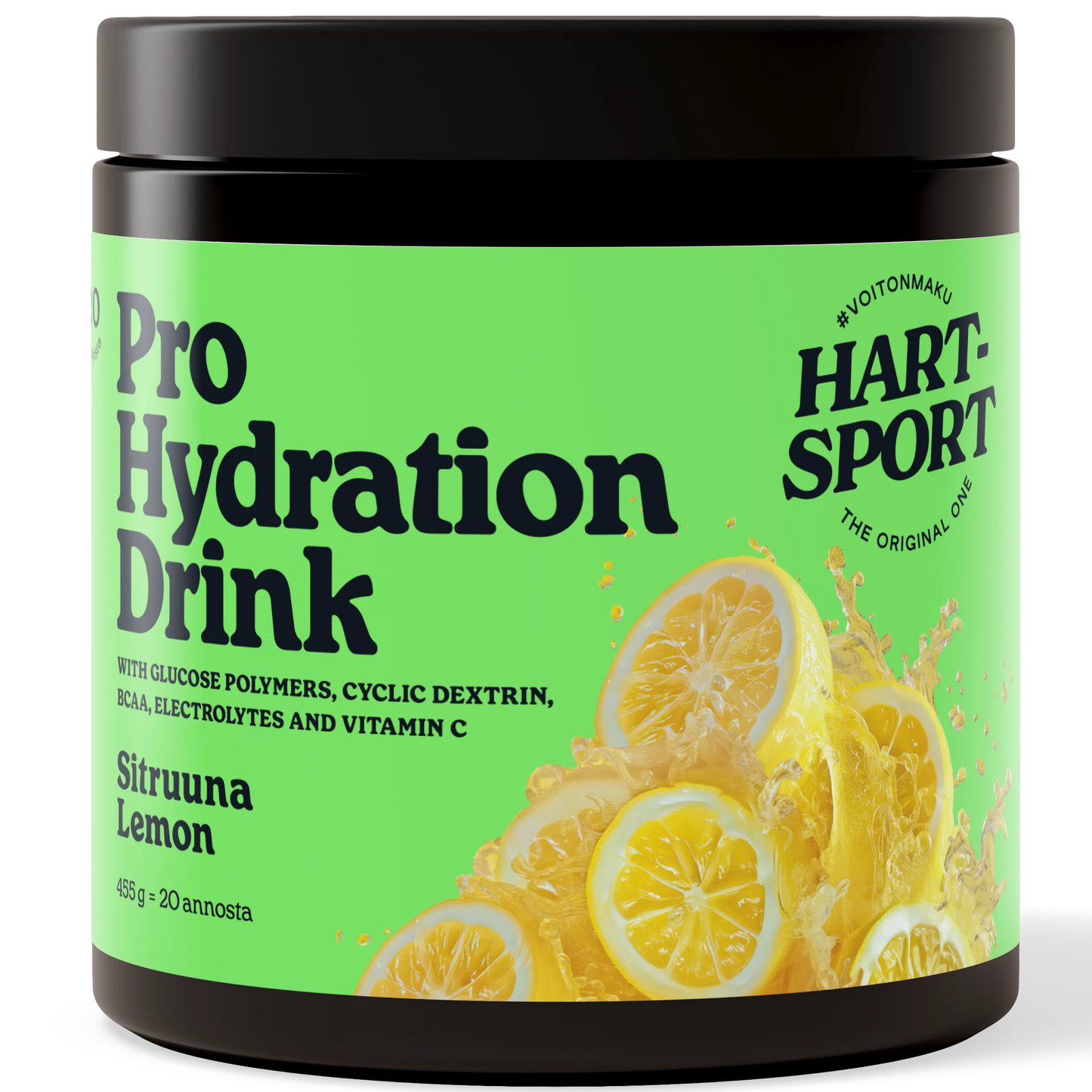 Hart-Sport Pro Hydration Drink; sylinterin muotoinen vihreä muovipurkki matalla etiketillä, jossa lukee ”Pro Hydration Drink” ja ”Hart Sport” lihavoidulla groteskilla; etiketissä sitruunaviipalekuvitusta ja selkeää tekstiiä sitruunan mausta, elektrolyyteistä, C-vitamiinista ja 20 annoksesta; ei ihmisiä tai käsiä, valkoinen tausta, tuotekuva edestäpäin.