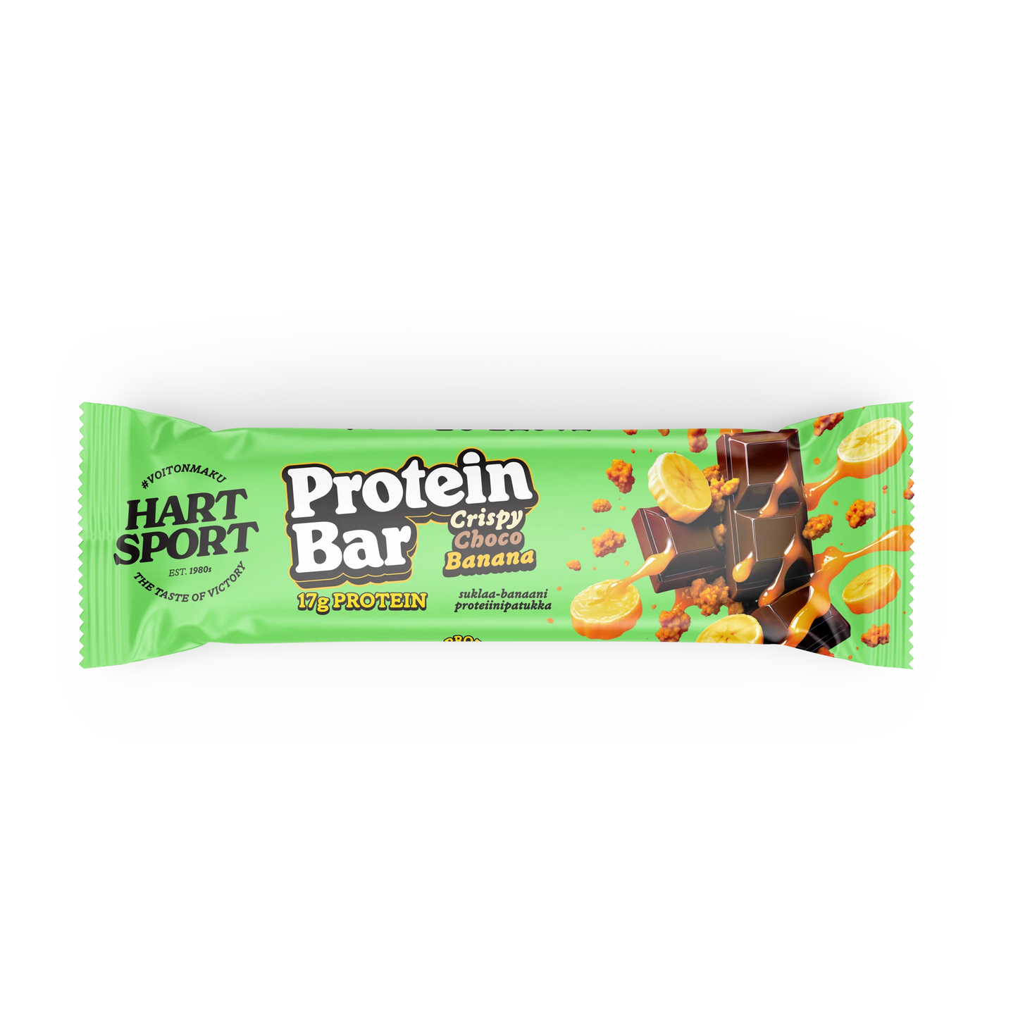 Hart-Sport Protein Bar Crispy Choco Banana; Hart Sport -proteiinipatukka Crispy Choco Banana -maussa, vihreässä kääreessä kuvia suklaapaloista, banaaniviipaleista ja rapeista proteiinimuruista; kääre on kiiltävä, lihavaa valkoista ja keltaista tekstiä tuotenimessä ja merkinnässä ”17g protein”; pakkaus on suorakulmainen; kuvassa vain pakkauksen etupuoli neutraalia taustaa vasten, ei ihmisiä tai käsiä näkyvissä.