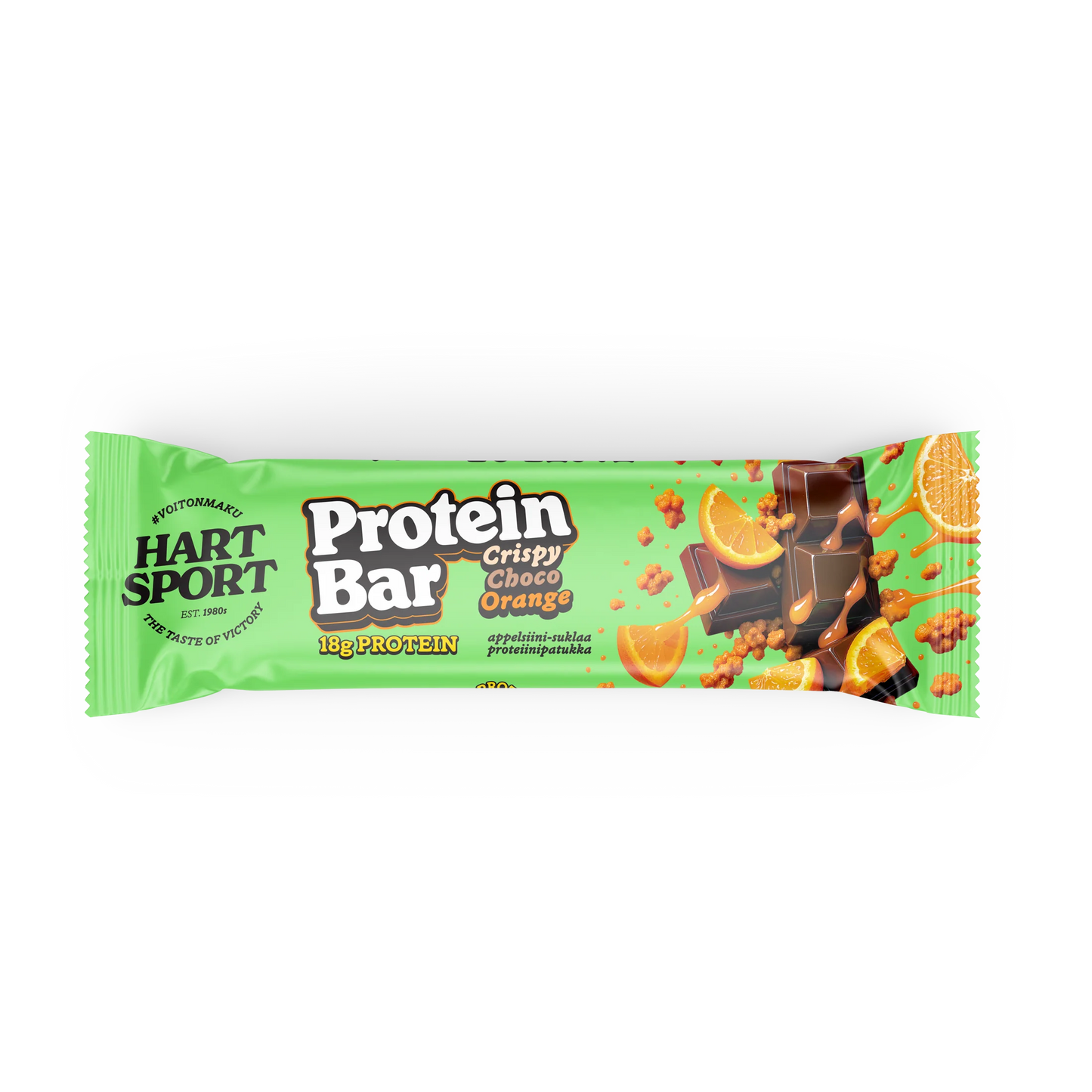 Hart-Sport Protein Bar Crispy Choco Orange; Hart Sport -proteiinipatukka Crispy Choco Orange -maussa, kääritty mattavihreään pakkaukseen kuvin suklaapaloista, appelsiiniviipaleista ja rapeista paloista; proteiinipatukka sisältää 18 g korkealaatuista proteiinia; pakkauksessa lihavaa valkoista ja oranssia tekstiä; ei ihmisiä tai käsiä näkyvissä; tuote kuvattu yksivärista taustaa vasten studiotyylisessä kuvassa.