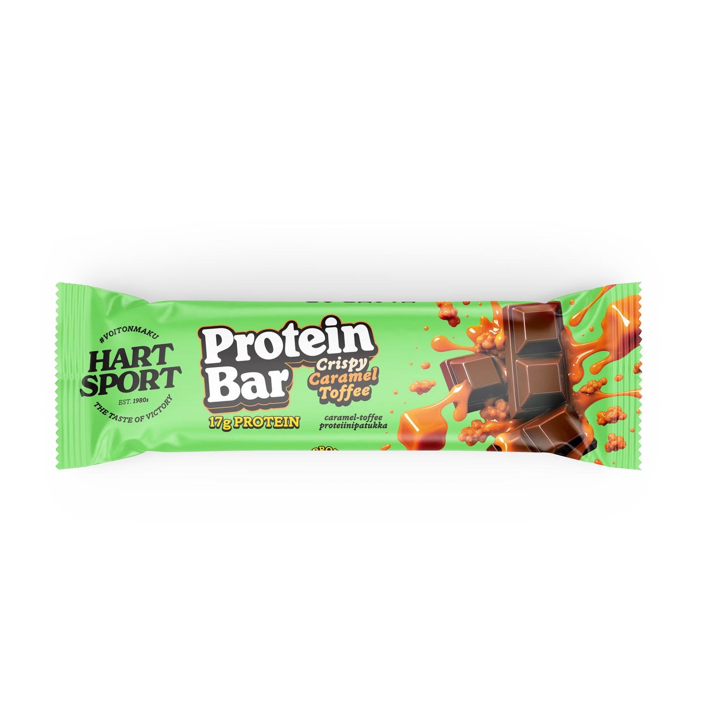 Hart-Sport Protein Bar Crispy Toffee Caramel; vihreä, suorakulmainen Hart Sport -proteiinipatukan kääre kiiltäväpinnalla, jossa lukee ”Crispy Caramel Toffee” lihavalla valkoisella ja beigellä kirjaimella; kääreessä selkeitä kuvia suklaaneliöistä ja karamellipaloista tekstin ympärillä; ei ihmisiä tai käsiä näkyvissä; tausta valkoinen; vihreä Hart Sport -proteiinipatukan kääre, merkitty Crispy Caramel Toffee, kuvin suklaaneliöistä ja karamellipaloista aseteltuna ympäriinsä.