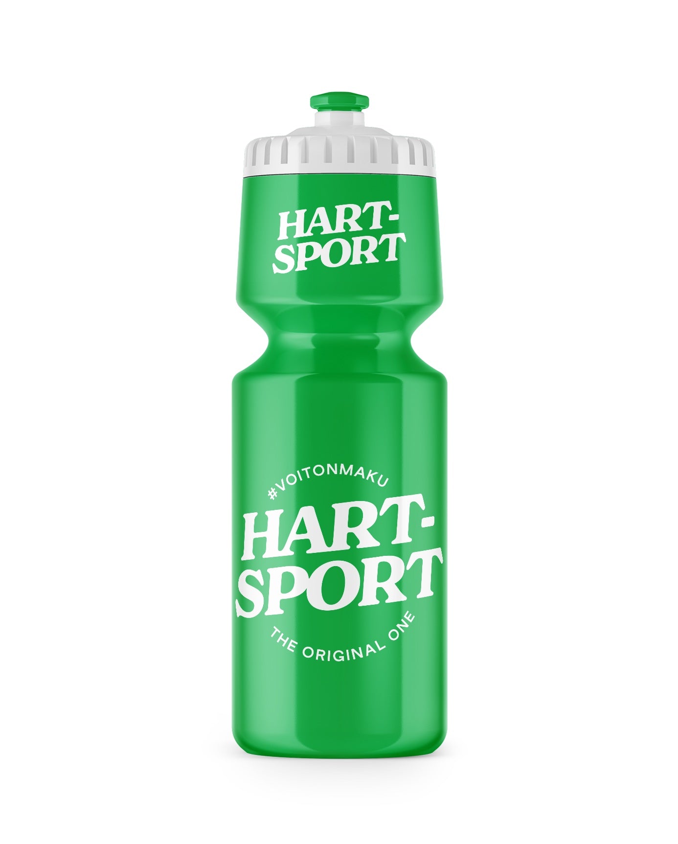 Hart-Sport Sporttipullo, kirkkaan vihreä urheilujuomapullo tekstillä HART SPORT, valmistettu muovista mattapinnalla ja läpikuultamattomalla rungolla; valkoinen kierrekorkki; etusivun lihavoitu, kontrastia luova teksti "#VOITONMAKU" ja "THE ORIGINAL ONE"; typografia suuraakkosin ja groteskisesti; tuote yksin yksinkertaista taustaa vasten studiokuvassa.