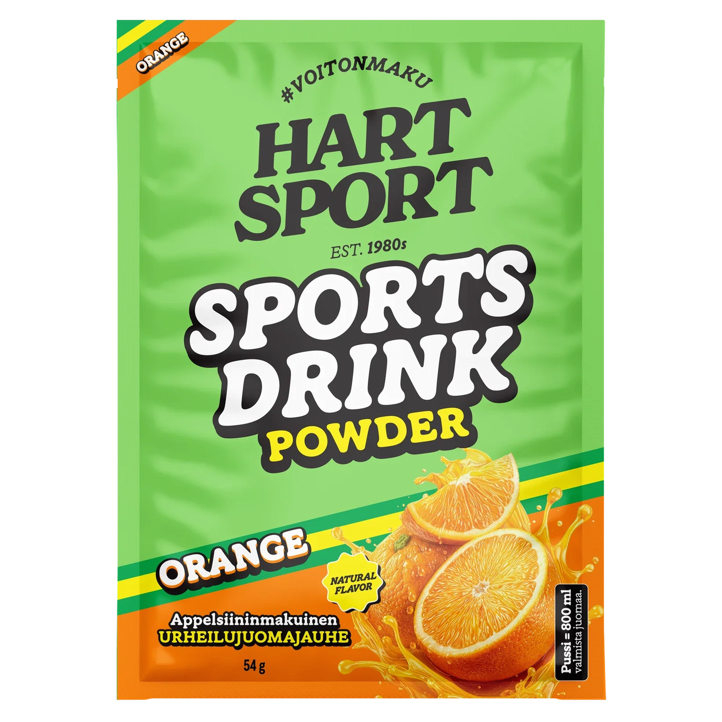 Hart-Sport Urheilujuomajauhe Appelsiini: vihreä pussi Hart Sport -urheilujuomajauhetta appelsiinin makuisena, kuvitettuja appelsiiniviipaleita ja suomenkielistä tekstiä; isotoninen jauhepussi sisältää 54 g ja annostellaan 500 ml:aan; pakkaus on kiiltävää muovia suorakulmaisessa muodossa saumoilla suljettuna; suurin osa tekstistä on lihavoitua groteskikirjasinta valkoisella ja oranssilla; tuote kuvattu yksinkertaista taustaa vasten, ei ihmisiä näkyvissä.