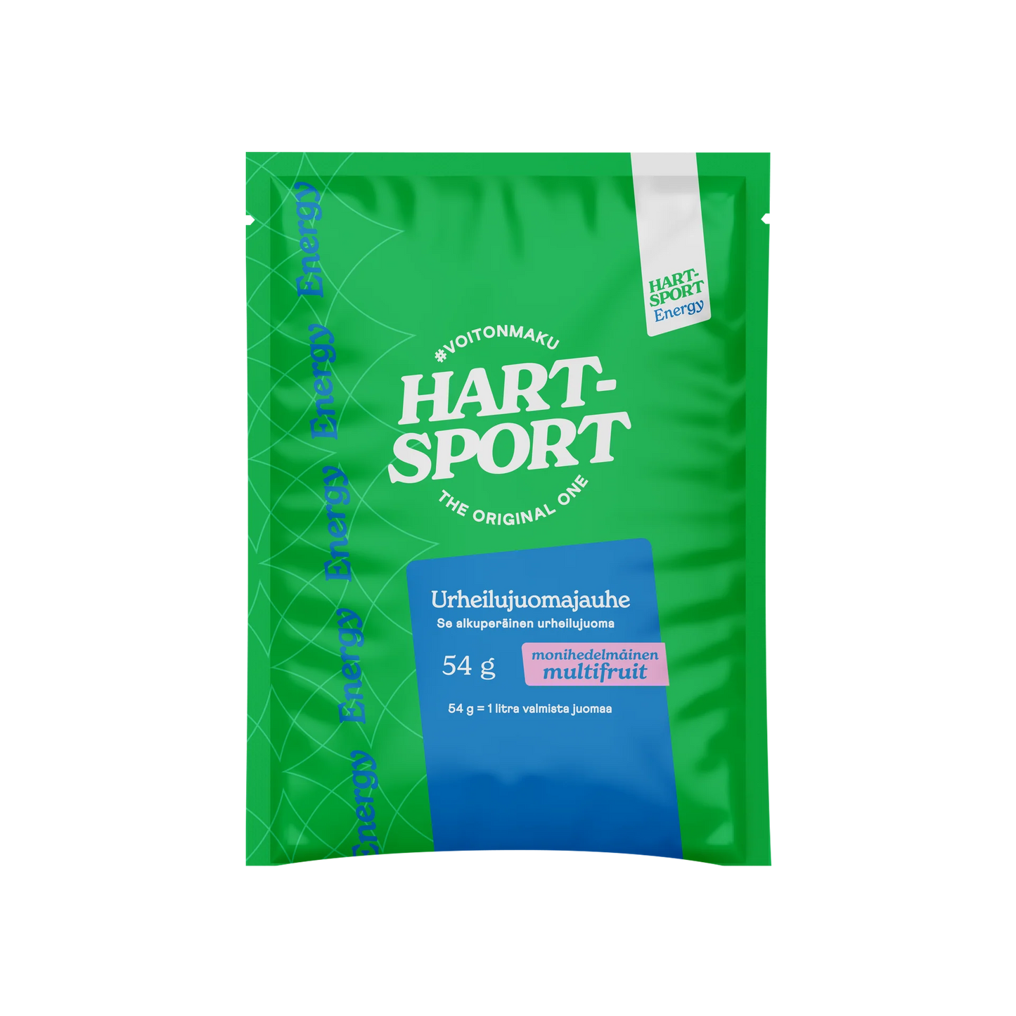 Hart-Sport Urheilujuomajauhe Multifruit; vihreä-sininen pussi, 54 g, suomenkielinen teksti ja multifruit-makumerkintä etuosassa, kuvattu valkoisella taustalla; pakkaus on kiiltäväpintainen saumatuin reunoin ja suorakulmainen; monivärisiä lohkoja pinnalla, brändinimi suurella groteskikirjasimella pienempien tuotetietojen yläpuolella; ei ihmisiä tai muita esineitä näkyvissä.