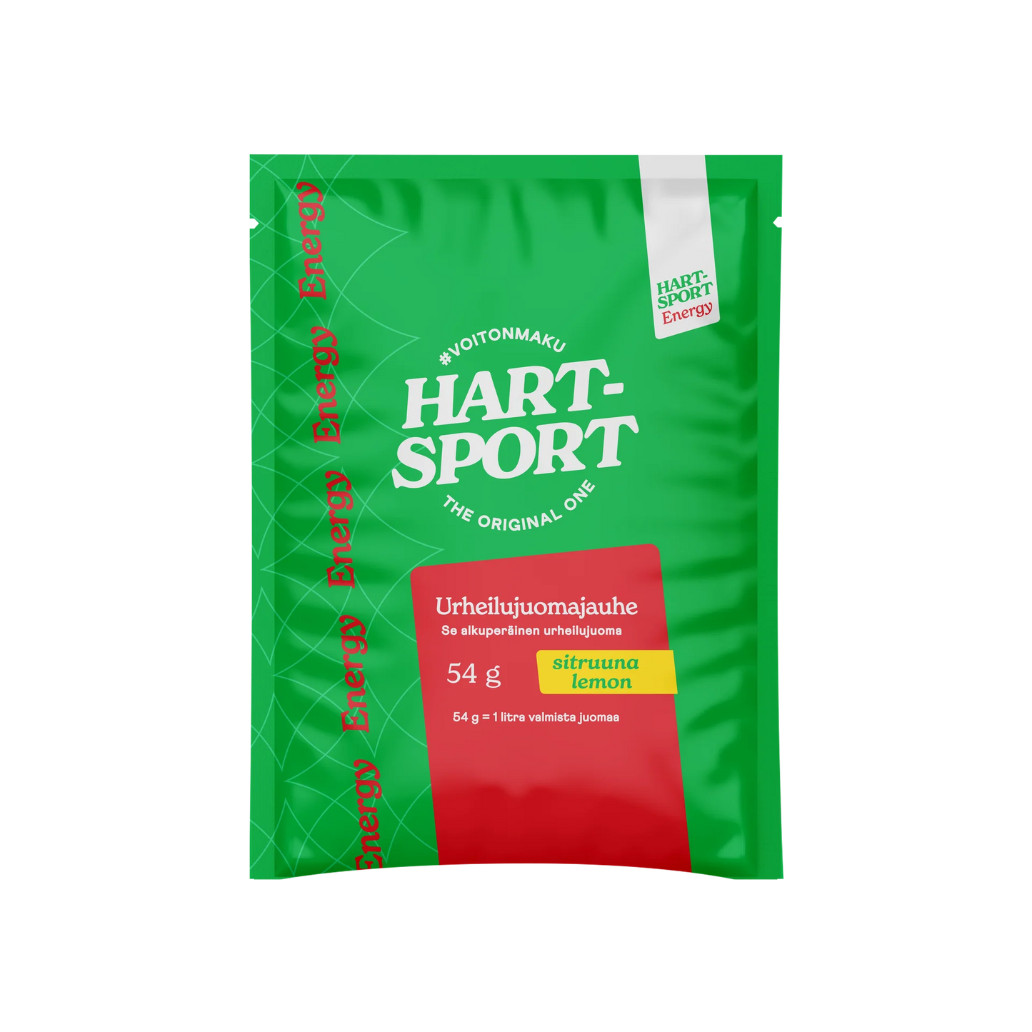 Hart-Sport Urheilujuomajauhe Sitruuna; vihreä Hart Sport -sitruunanmakuisen energiajuomajauheen pakkaus suomenkielisin tekstein ja keltaisella etiketillä seisoo pystyssä vaalealla taustalla korostaen virkistävää sitrusmakua; pakkaus suorakulmainen sileästä mattamateriaalista terävin reunoin; tuotenimi ja tiedot painettu selkeällä, lihavoidulla groteskifontilla; ei ihmisiä tai toimintaa; tasainen valaistus selkeyttä varten.