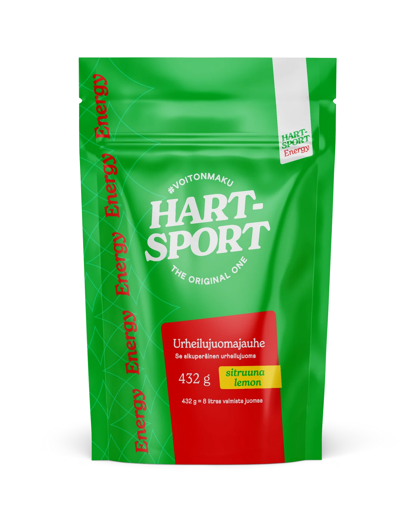 Hart-Sport Urheilujuomajauhe Sitruuna; vihreä ja punainen Hart-Sport-energiajuomajauheen pussi, sitruunamaku, suomen- ja englanninkielistä tekstiä, elektrolyyttejä ja uudelleensuljettava yläreuna; pussi suorakulmainen mattapinnalla, näkyvät saumaviivat; valkoinen groteskikirjaisin erottuu etuetiketistä; kuva vaaleaa taustaa vasten, ei ihmisiä tai muita esineitä.