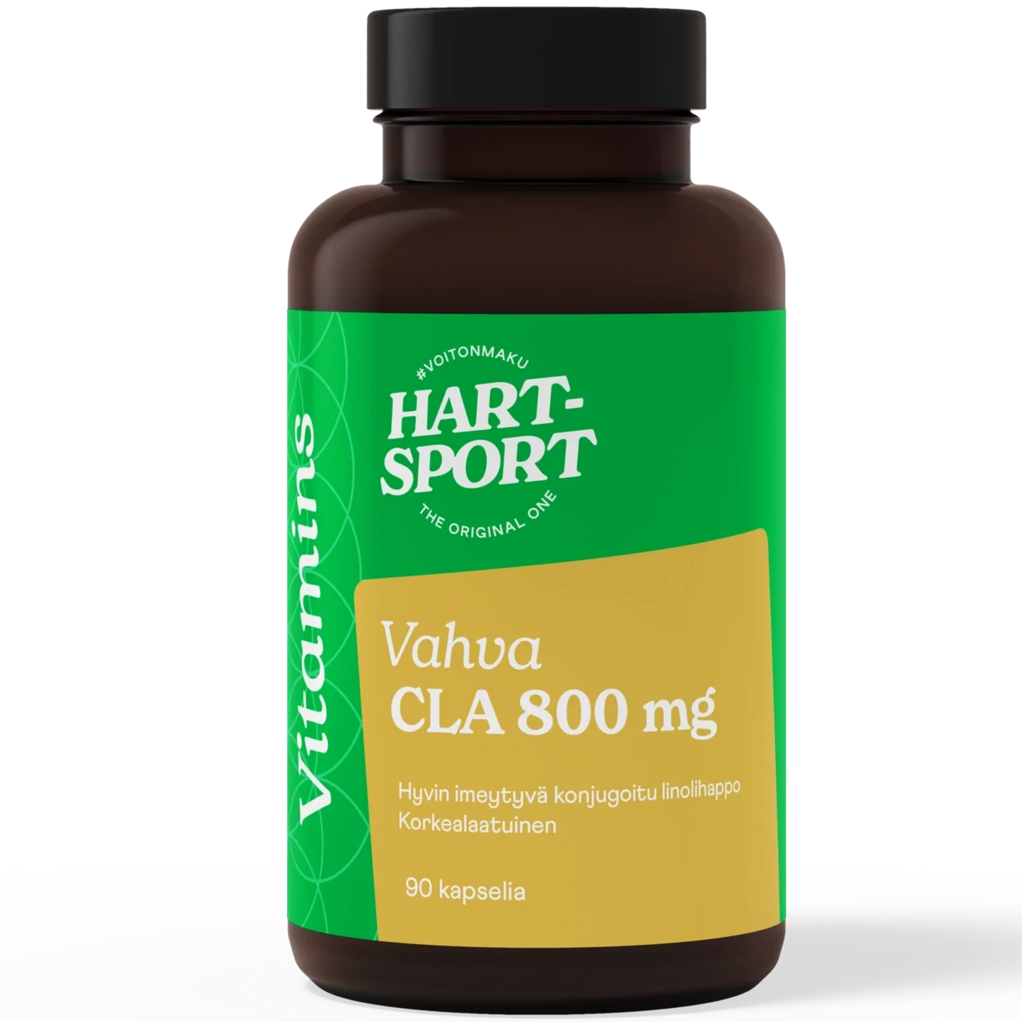 Hart-Sport Vahva CLA 800 mg, ruskea muovinen ravintolisäpullo mustalla korkilla; vihreä-keltaisessa etiketissä teksti HART-SPORT, Vahva CLA 800 mg ja 90 kapselia sekä suomenkielisiä tuotetietoja; etiketin sivulla korostettu "Vitamins" valkoisin kirjaimin; pääteksti lihavoitua groteskia; pinta mattaa; tausta valkoinen, ei ihmisiä eikä käsiä näkyvissä.
