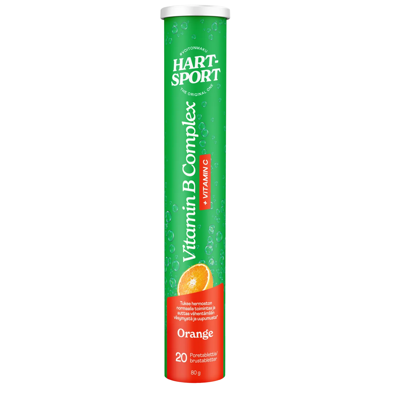 Hart-Sport B-Complex Poretabletti; korkea vihreä tuubi Hart Sport Vitamin B Complex + Vitamin C -poretabletteja appelsiinin makuisena, kuvassa appelsiiniviipale ja kuplia immuniteettituen merkkinä; tuubi sylinterin muotoinen kiiltopäällysteinen muovi; etiketissä lihavoitu valkoinen ja keltainen teksti, pienempi kirjasin alla; valkoinen tausta, ei käsiä tai ihmisiä.