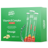 Hart-Sport B-Complex Poretabletti; vihreä Hart Sport Vitamin B Complex + Vitamin C Orange -poretablettirasia, kolme tuubia pystyssä ja useita keltaisia pyöreitä tabletteja edessä; rasia suorakulmainen ja matta, valkoisella ja oranssilla lihavoidulla groteskilla tekstillä keskeisistä vitamiineista ja appelsiinin mausta; valkoinen tausta, ei ihmisiä tai käsiä, keskikokoinen tuotekuva.