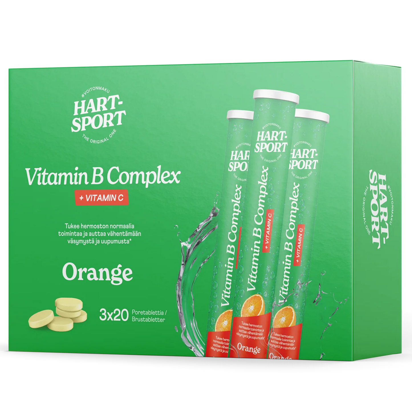 Hart-Sport B-Complex Poretabletti; vihreä Hart Sport Vitamin B Complex + Vitamin C Orange -poretablettirasia, kolme tuubia pystyssä ja useita keltaisia pyöreitä tabletteja edessä; rasia suorakulmainen ja matta, valkoisella ja oranssilla lihavoidulla groteskilla tekstillä keskeisistä vitamiineista ja appelsiinin mausta; valkoinen tausta, ei ihmisiä tai käsiä, keskikokoinen tuotekuva.
