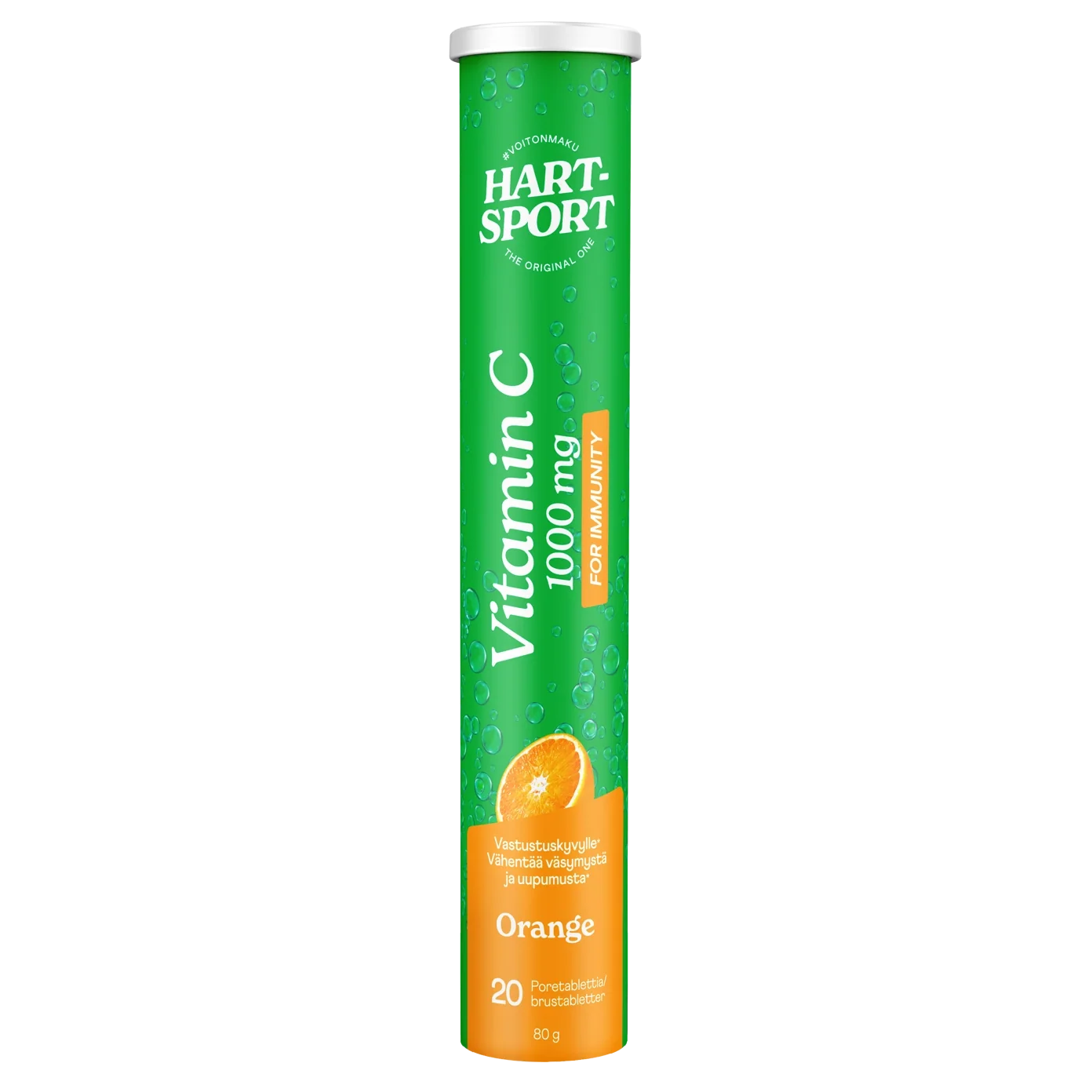 Hart-Sport C-vitamiini Poretabletti; vihreä kiiltopäällysteinen sylinterin muotoinen muovituubi tekstillä ”HART SPORT Vitamin C 1000 mg Orange” ja kuvassa appelsiiniviipale; etiketissä lihavoitu valkoinen ja oranssi groteskiteksti; pakkaus sisältää 20 poretablettia, maininta immuniteetin ja nesteytyksen tuesta; tuote pystyssä valkoisella taustalla, ei ihmisiä tai käsiä.