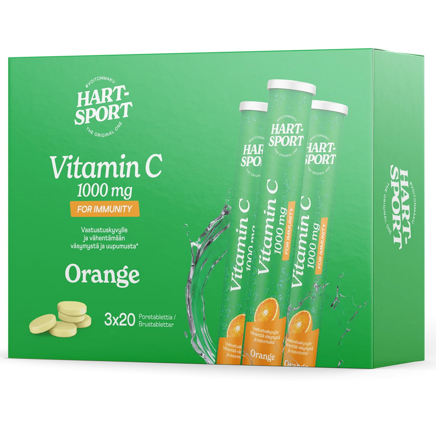 Hart-Sport C-vitamiini Poretabletti; vihreä Hart-Sport C-vitamiini 1000 mg -rasia appelsiinin makuisena, näkyvissä kolme tuubia ja useita keltaisia tabletteja immuniteetin tukena; pakkaus korostaa sisältävän 3 pakkausta á 20 poretablettia; rasia suorakulmainen, matta vihreä lihavoidulla valkoisella ja oranssilla groteskilla; tuubit valkoista muovia samalla brändäyksellä; tasainen tausta, ei näkyviä ihmisiä tai toimintaa.