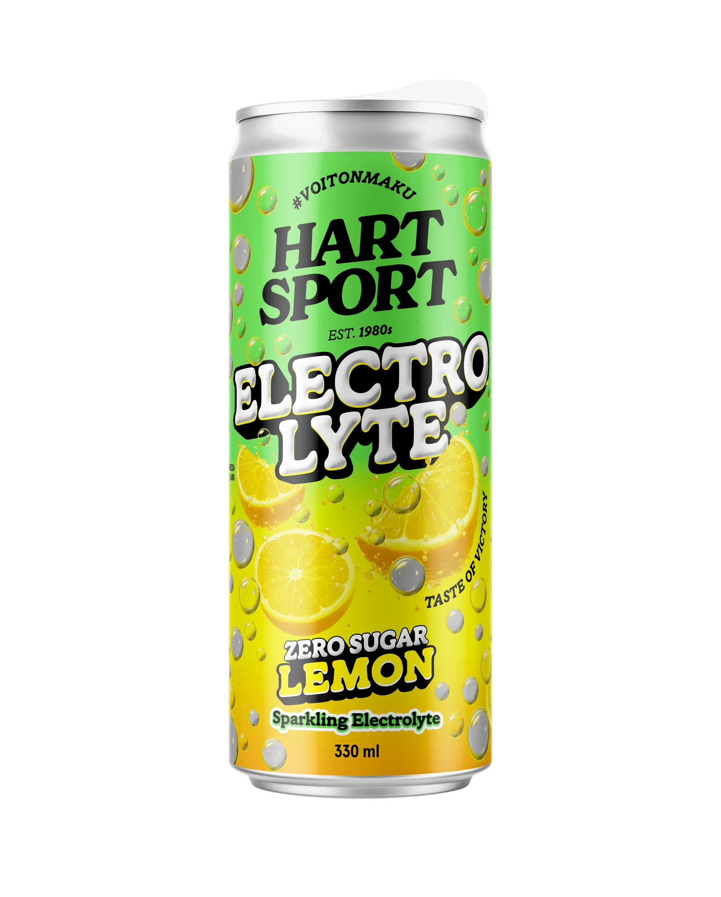 Hart-Sport Electrolytes Lemon: 330 ml:n alumiinitölkki Hart Sport Electrolyte Zero Sugar Lemon -kuohuvaa elektrolyyttijuomaa seisoo pystyssä; tölkin pinta on kiiltävä, etiketissä sitruunaviipaleita ja kuplia sekä vihreä-keltainen liukuväritausta; suuri groteskikirjasin näyttää tuotenimen; yksinkertainen asetelma ilman näkyviä ihmisiä tai käsiä.