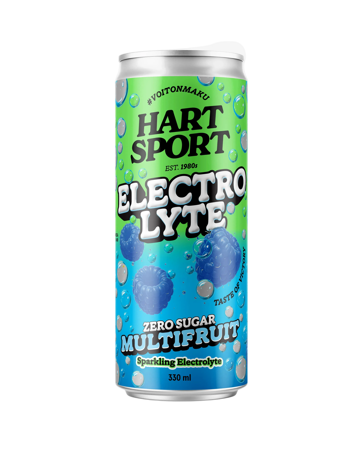 Hart-Sport Electrolytes Multifruit: tölkki Hart Sport Electrolyte -kuohuvaa juomaa, sokeriton multifruit-maku, eloisin sinisin ja vihrein kuplakuvioin sekä mustikkakuvituksin etiketissä; 330 ml:n alumiinitölkki on sylinterimäinen kiiltäväpinnalla; etiketissä selkeä lohkotypografia tuotenimelle ja tiedoille; tausta on valkoinen, kuva suoraan edestä, ei ihmisiä tai käsiä näkyvissä.