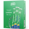 Hart-Sport Magnesium + B6 Poretabletti Sitruuna; vihreä rasia Hart-Sport Magnesium + B6 Lemon -tuotetta, kolme poretablettitupua vesiroiskeineen; pakkaus korostaa 60 tablettia, magnesiumia ja B6-vitamiinia, rasian paino 240 g; rasia suorakaiteen muotoinen mattapinnalla ja lihavoitua valkoista groteskitekstiä etusivulla; tuubit sisällä lieriömäisiä selkein etiketein; valkoinen tausta, ei ihmisiä tai käsiä.