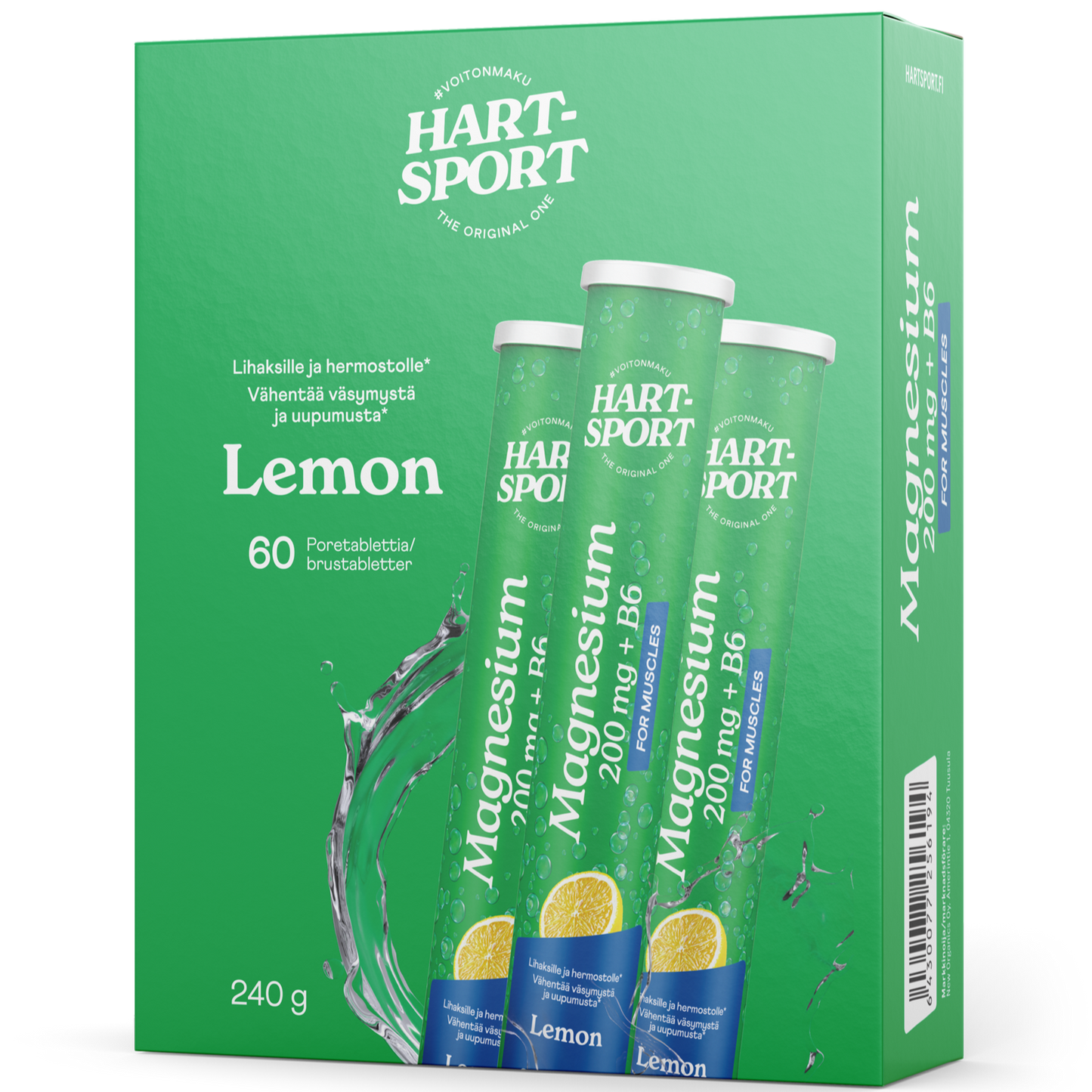 Hart-Sport Magnesium + B6 Poretabletti Sitruuna; vihreä rasia Hart-Sport Magnesium + B6 Lemon -tuotetta, kolme poretablettitupua vesiroiskeineen; pakkaus korostaa 60 tablettia, magnesiumia ja B6-vitamiinia, rasian paino 240 g; rasia suorakaiteen muotoinen mattapinnalla ja lihavoitua valkoista groteskitekstiä etusivulla; tuubit sisällä lieriömäisiä selkein etiketein; valkoinen tausta, ei ihmisiä tai käsiä.