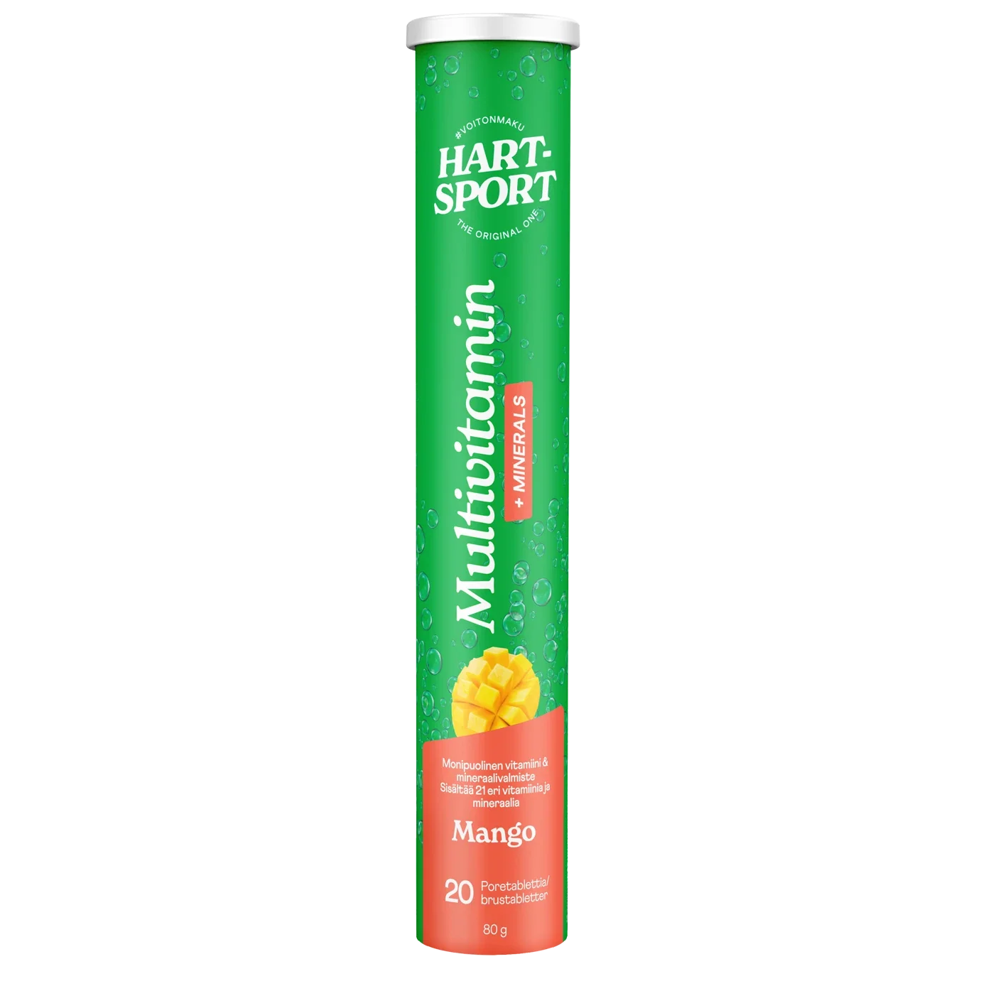 Hart-Sport Monivitamiini + Mineraaliporetabletti; Hart-Sport Multivitamin + Minerals -poretablettituubi mango-maulla, sisältää keskeisiä vitamiineja ja kivennaisaineita; vihreä ja oranssi kiiltopäällysteinen sylinterin muotoinen tuubi, kuvassa mango, brändi lihavoidulla groteskilla, tablettimäärä (20 kpl pakkausta kohti) ja ainesosaviittaus; ei ihmisiä tai muita esineitä, tasainen tausta, studiotyylinen tuotekuva.