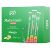 Hart-Sport Monivitamiini + Mineraaliporetabletti; vihreä Hart-Sport Multivitamin + Minerals -rasia mango-maulla, näkyvissä kolme tuubia ja keltaisia tabletteja; pakkaus matta ja suorakulmainen; etiketissä lihavoitu groteskiteksti vitamiineista ja kivennaisaineista sekä realistinen mangokuva; ei ihmisiä tai käsiä, valkoinen tausta, kuva suoraan edestä tuote keskellä.