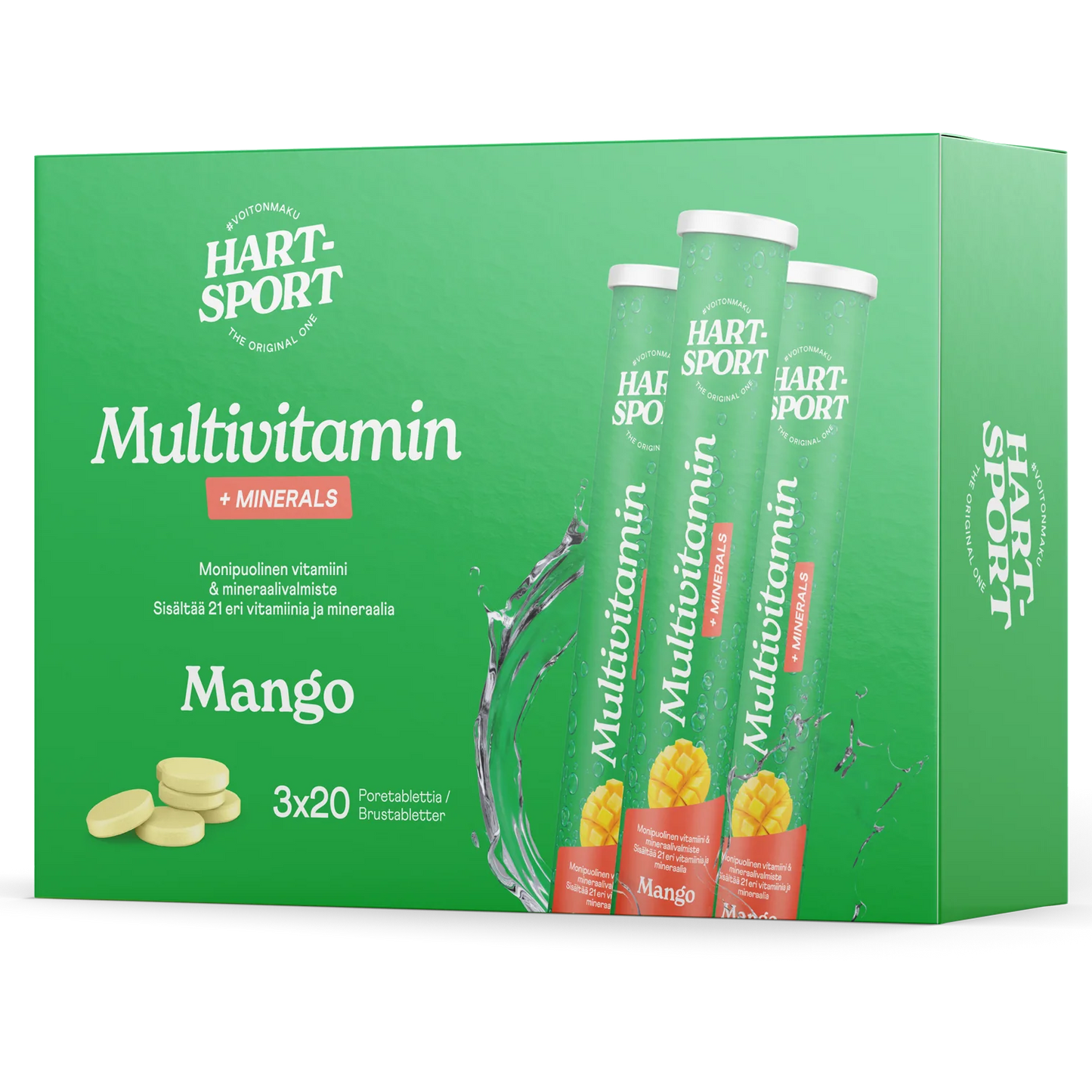 Hart-Sport Monivitamiini + Mineraaliporetabletti; vihreä Hart-Sport Multivitamin + Minerals -rasia mango-maulla, näkyvissä kolme tuubia ja keltaisia tabletteja; pakkaus matta ja suorakulmainen; etiketissä lihavoitu groteskiteksti vitamiineista ja kivennaisaineista sekä realistinen mangokuva; ei ihmisiä tai käsiä, valkoinen tausta, kuva suoraan edestä tuote keskellä.