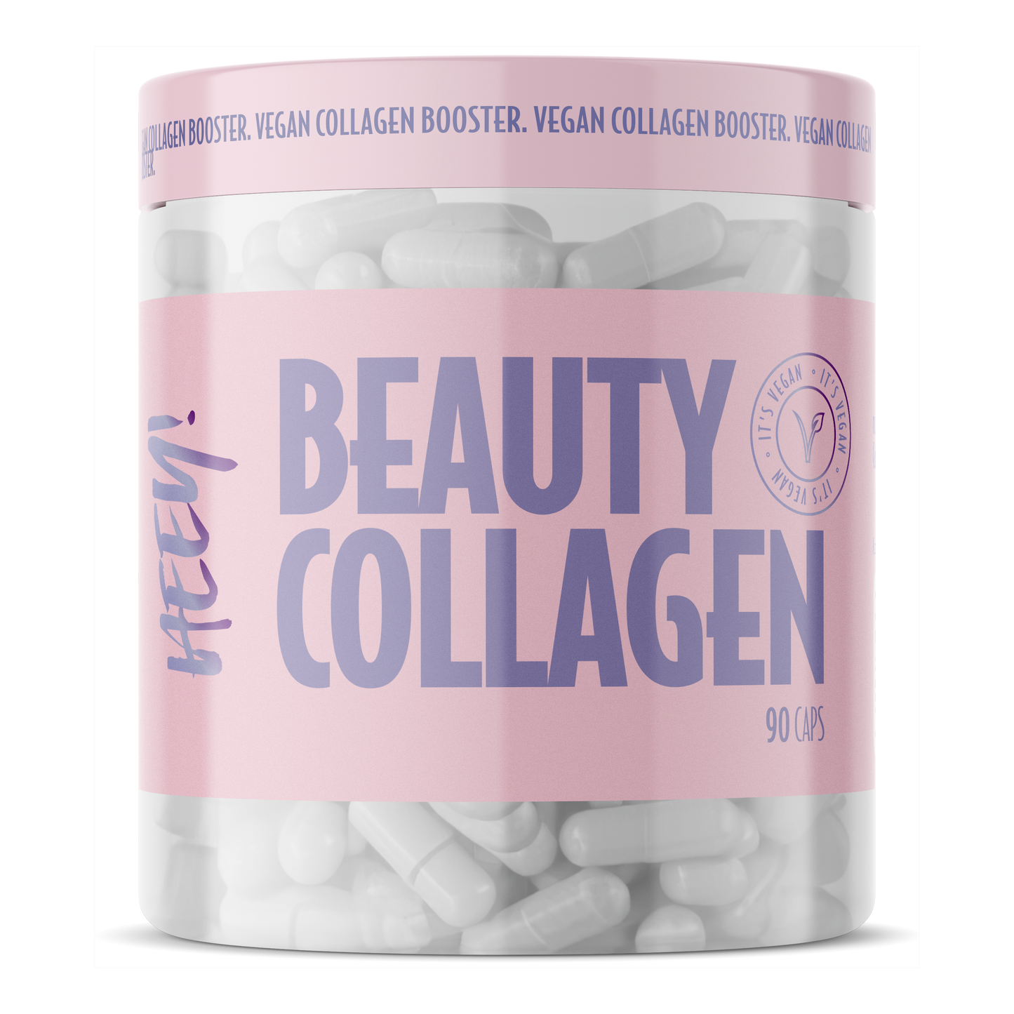 Heey! Beauty Collagen; kirkas purkki vaaleanpunaisella etiketillä tekstillä BEAUTY COLLAGEN, sisällä valkoisia kapseleita; muovipurkki lieriömäinen kierrekannella, täynnä tasakokoisia kapseleita; etiketti lihavoitua groteskityypografiaa valkoisin kirjaimin pinkillä pohjalla, pienempiä tietoja vegaanisesta kollageenitehostajasta, 90 kapselista ja luonnollisesta ihonhoidosta; valkoinen tausta, ei ihmisiä tai käsiä; keskitetty tuotekuva.