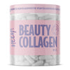 Heey! Beauty Collagen; kirkas purkki vaaleanpunaisella etiketillä tekstillä BEAUTY COLLAGEN, sisällä valkoisia kapseleita; muovipurkki lieriömäinen kierrekannella, täynnä tasakokoisia kapseleita; etiketti lihavoitua groteskityypografiaa valkoisin kirjaimin pinkillä pohjalla, pienempiä tietoja vegaanisesta kollageenitehostajasta, 90 kapselista ja luonnollisesta ihonhoidosta; valkoinen tausta, ei ihmisiä tai käsiä; keskitetty tuotekuva.