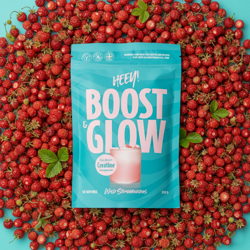 Heey! Boost & Glow Creatine + Coll-egan®, Wild Strawberries: sininen Boost & Glow -lisäravinnepussi mattapinnalla seisoo pystyssä, luettavissa teksti "wild strawberries flavor" ja muuta tuotetietoa modernilla groteskikirjasimella; pussin ympärillä tuoreita kokonaisia metsämansikoita vaaleansinisellä yksivärisellä taustalla; ei ihmisiä tai käsiä näkyvissä, lähikuva tuotteesta.