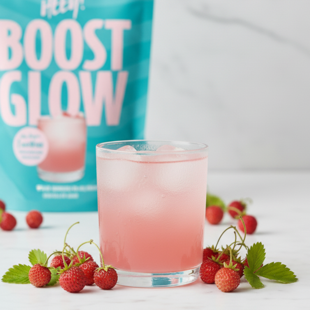 Heey! Boost & Glow Creatine + Coll-egan®, Wild Strawberries: lasi vaaleanpunaista jääjuomaa tuorementsämansikoiden ympäröimänä; taustalla sininen ja pinkki Boost Glow -pussi mattapinnalla ja suurella lihavoidulla valkoisella groteskikirjasimella tuotenimelle; kuva otettu valkoisella marmoripinnalla kirkkaassa valaistuksessa; ei ihmisiä tai käsiä näkyvissä, korkeasta kulmasta otettu tuotekuva.