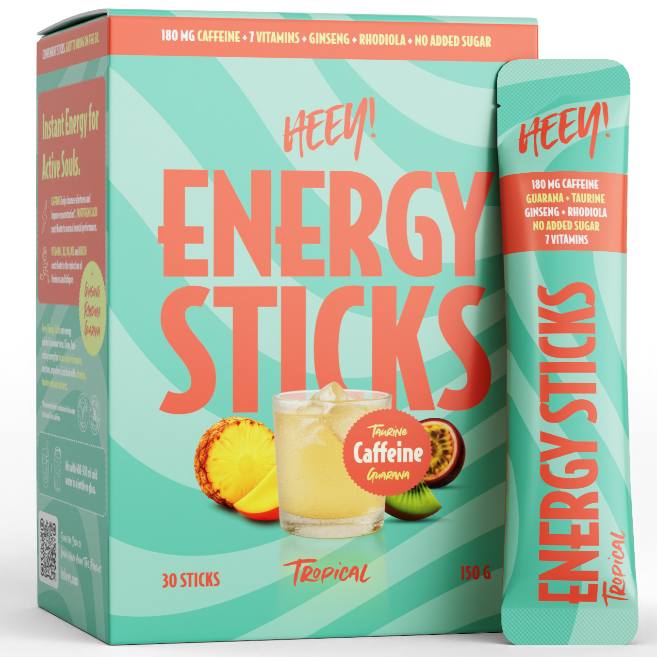Heey! Energy Sticks Caffeine + Guarana, maku Tropical; pakkaus HEEY! Energy Sticks -energiajauhepusseja, maku trooppinen, yksi pussi esillä; pakkaus kirkkaan keltainen, oranssi ja vihreä väritys, etuosassa ananas- ja sitruskuvia; pinta kiiltävä; luettavassa etiketissä kofeiini, vitamiinit, ginseng, guarana, ei lisättyä sokeria; suorakaiteen muotoinen pakkaus ja kapea pussimuoto; lihavoitu groteskifontti; vaalea tausta, ei ihmisiä tai käsiä.