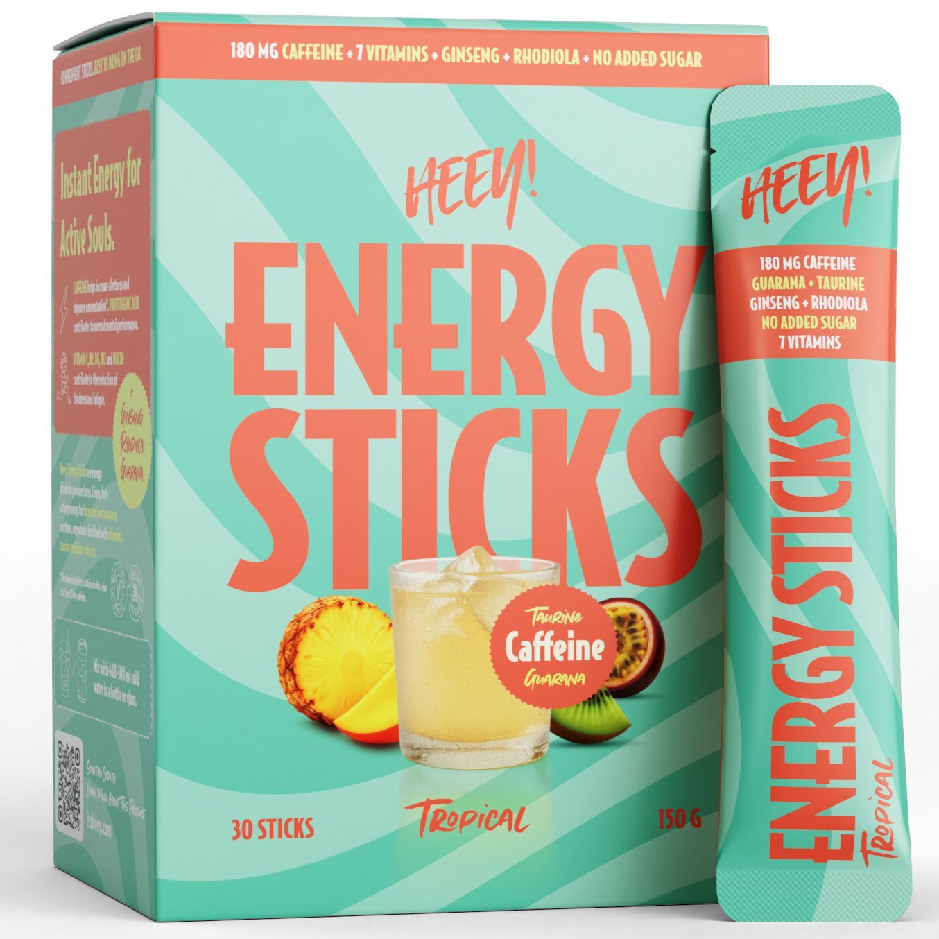 Heey! Energy Sticks Caffeine + Guarana, maku Tropical; pakkaus HEEY! Energy Sticks -energiajauhepusseja, maku trooppinen, yksi pussi esillä; pakkaus kirkkaan keltainen, oranssi ja vihreä väritys, etuosassa ananas- ja sitruskuvia; pinta kiiltävä; luettavassa etiketissä kofeiini, vitamiinit, ginseng, guarana, ei lisättyä sokeria; suorakaiteen muotoinen pakkaus ja kapea pussimuoto; lihavoitu groteskifontti; vaalea tausta, ei ihmisiä tai käsiä.