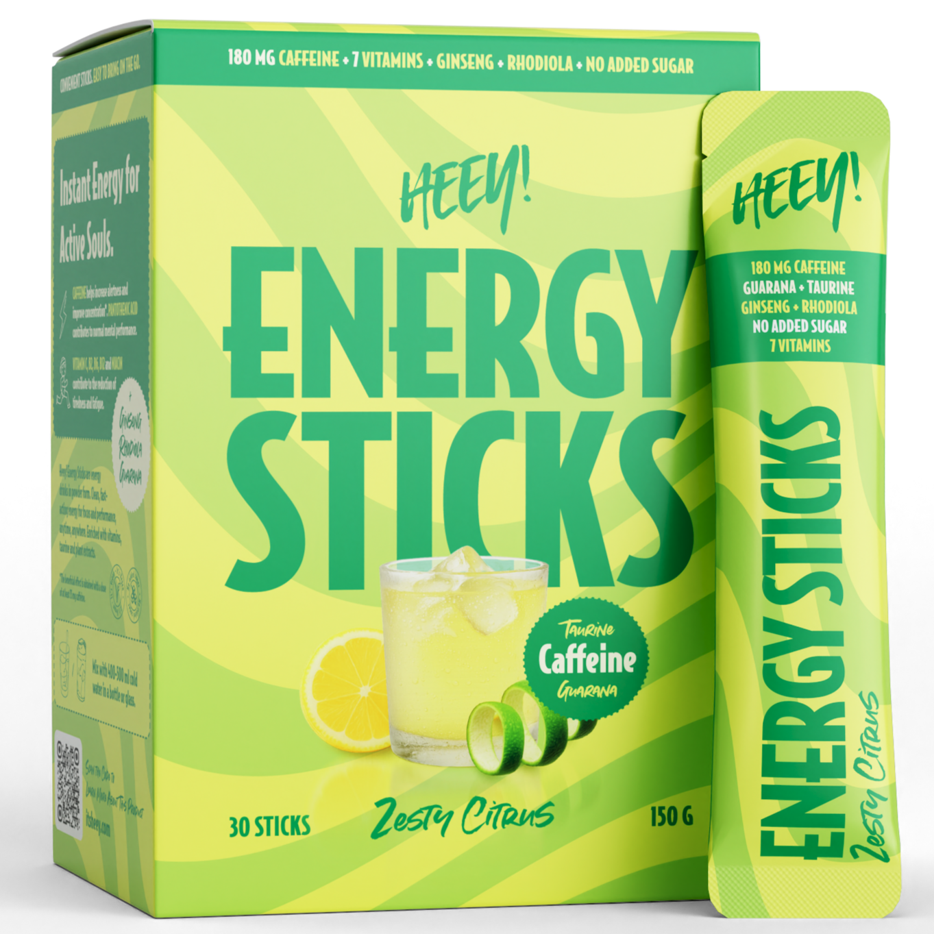 Heey! Energy Sticks Caffeine + Guarana, maku Zesty Citrus; pakkaus ja yksittäinen HEEY! Energy Sticks -pussi, maku sitrus; kuvassa lasi sitrusjuomaa, tuoreita sitruuna- ja limeviipaleita sekä tuotehyötyjä kuten kofeiini, vitamiinit, ei lisättyä sokeria ja luonnollinen energiatuki; vihreä ja keltainen pakkaus; laatikko suorakaiteen muotoinen mattapinnalla, pussi kapea; lihavoitu groteskifontti etiketissä; esineet valkoisella alustalla, ei ihmisiä.