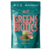 Heey! Greens & Biotics Superfood Raspberry Lime: turkoosi mattapintainen pussi tekstillä "Greens & Biotics" pystyasennossa; pakkauksessa kuvitus lasista vihreää juomaa valkoisella pillillä sekä vadelmien ja limetin kuvitukset vieressä; etuosassa mainitaan "Superfood", "Raspberry Lime" -maku, 30 annosta ja 300 g; valkoinen tausta, ei ihmisiä tai käsiä näkyvissä.